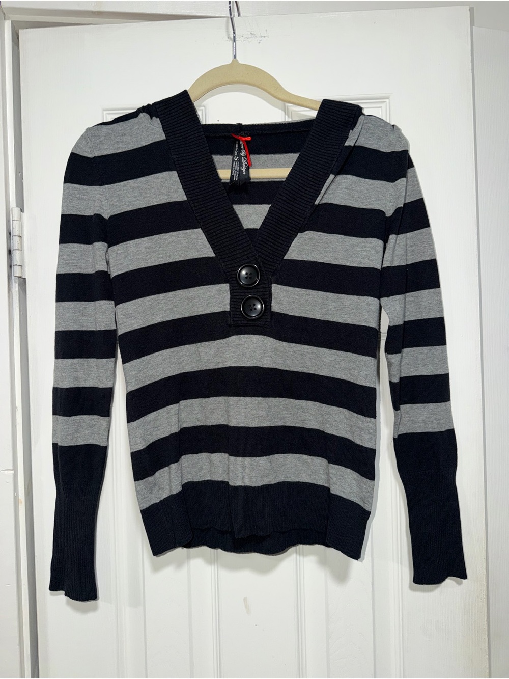 Love By Design Black & Gray Striped V-Neck Sweater with Button Detail